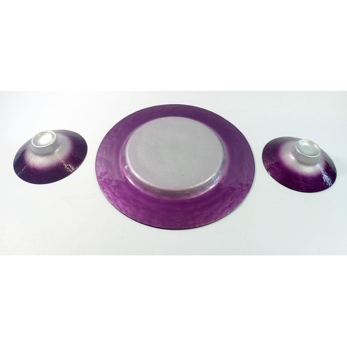 215 - A Portmeirion 'Dusk' glass charger, 34cm diameter with two smaller dishes