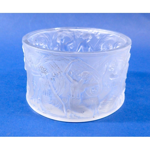 218 - A Lalique blue glass circular pot 'Figurines et Voiles' - lacking lid, marked R Lalique, Made in Fra... 