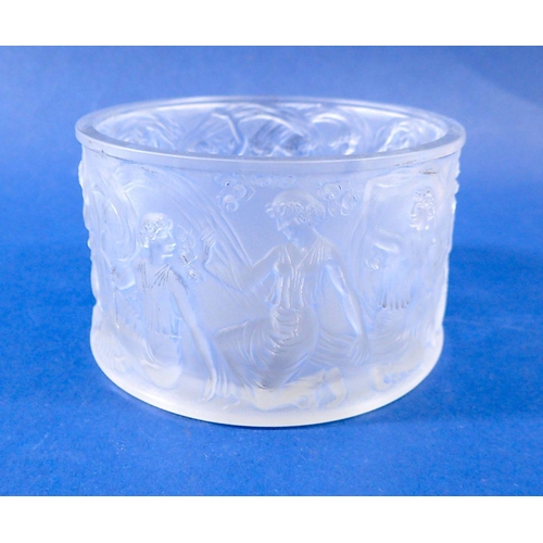 218 - A Lalique blue glass circular pot 'Figurines et Voiles' - lacking lid, marked R Lalique, Made in Fra... 