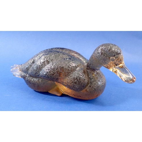 220 - A brown crackle glass duck, 26cm