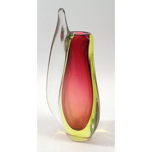 222 - A Val St Lambert pink and green swirled glass vase, 18cm tall