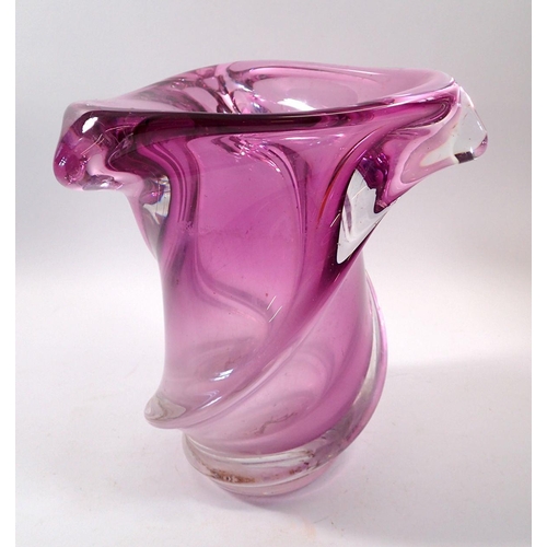 223 - A Val St Lambert purple large glass swirled tri form vase, 23cm