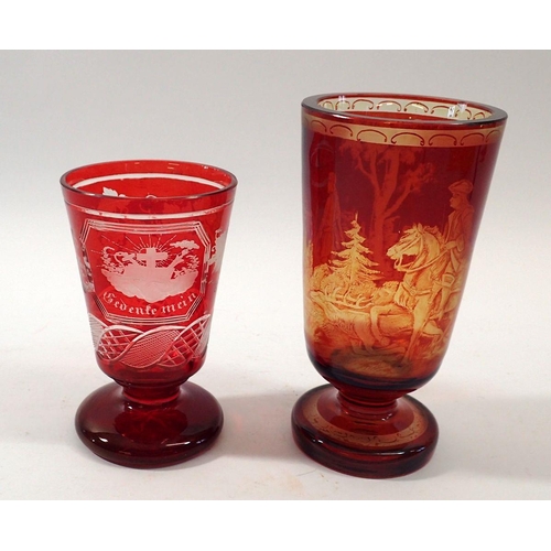 227 - Two Bohemian red flashed glass vases decorated landscape with figures and vines, tallest 15cm