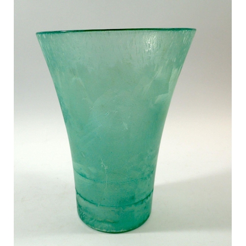 230 - A green glass vase with etched mountain design, 19.5cm tall