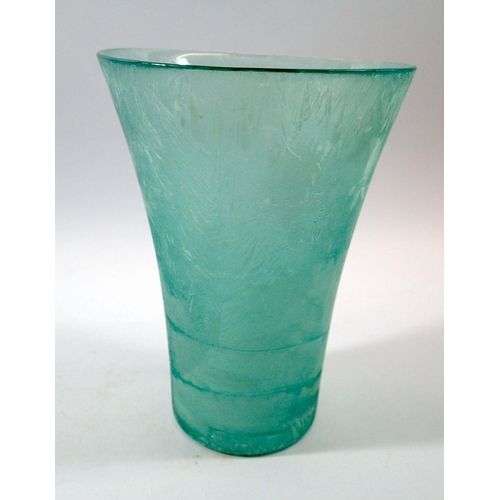 230 - A green glass vase with etched mountain design, 19.5cm tall