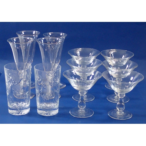 236 - A set of six champagne bowls, four air twist stem glasses and two floral cut tumblers