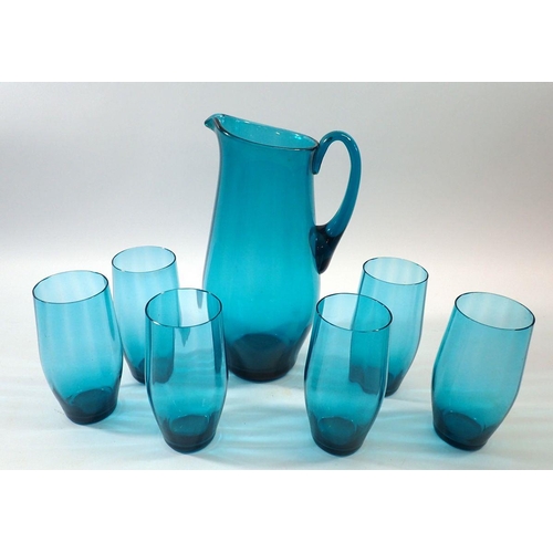 244 - A vintage blue glass lemonade set with jug and six tumblers