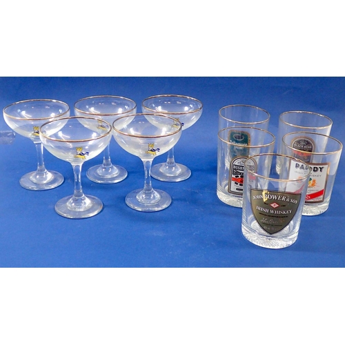 247 - Five Babycham glasses and five advertising whisky glasses