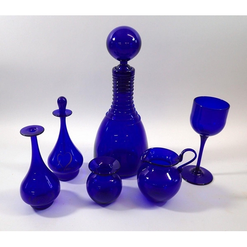 249 - A collection of six items of Bristol Blue glass including decanter, jugs, vasees etc - all signed Br... 