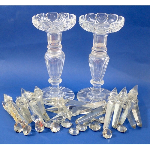 251 - A pair of glass table lustres with seventeen drops, 25.5cm tall