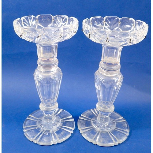 251 - A pair of glass table lustres with seventeen drops, 25.5cm tall