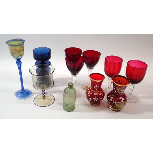 255 - A collection of coloured drinking glasses plus Wedgwood candleholder etc.