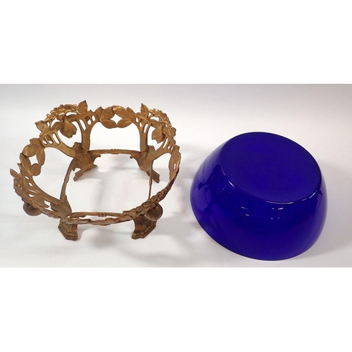 259 - A gilt metal bowl moulded fruit with blue glass liner, 24cm diameter