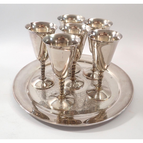 266 - A set of six Spanish silver plated Valero wine goblets plus a silver plated tray, 36cm diameter