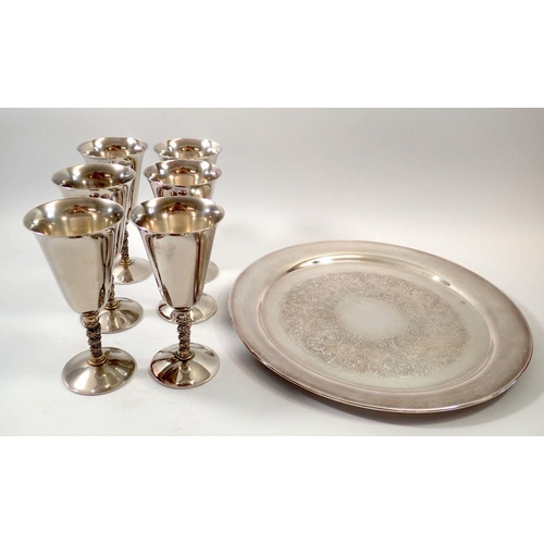 266 - A set of six Spanish silver plated Valero wine goblets plus a silver plated tray, 36cm diameter