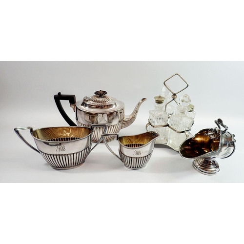 272 - A group of silver plated items including Walker and Hall coffee set, sugar scuttle and glass cruet s... 