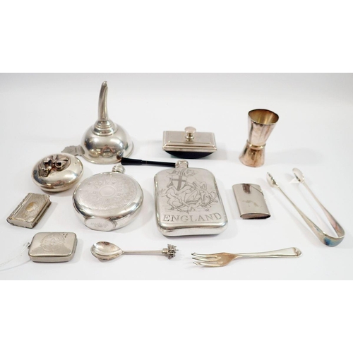 282 - A group of silver plated collectables including wine funnel and spirit flask