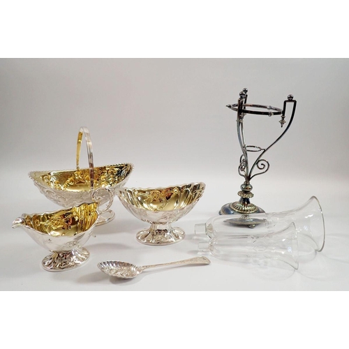 283 - A Victorian silver plated milk and sugar, another silver gilt sugar bowl and a flower holder