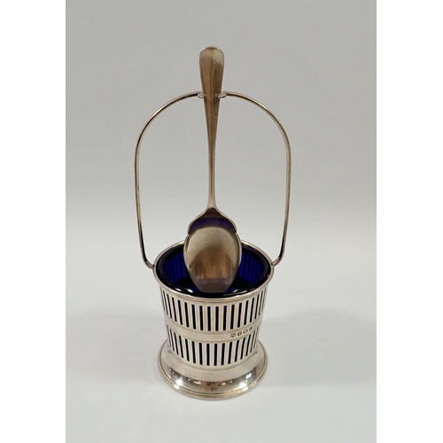 290 - A silver preserve pot with blue glass liner and matched silver spoon, Birmingham 1905 by Barker Brot... 