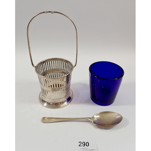 290 - A silver preserve pot with blue glass liner and matched silver spoon, Birmingham 1905 by Barker Brot... 