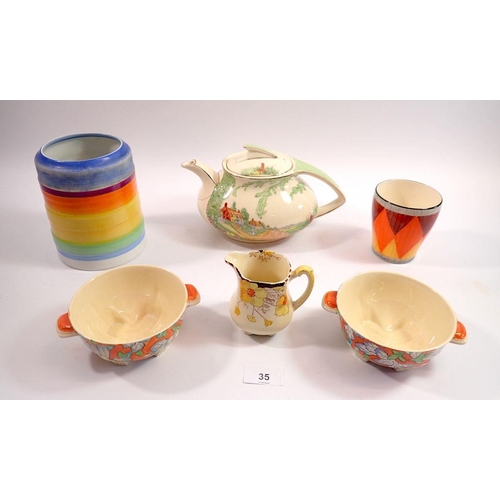 35 - A collection of Art Deco ceramics including Crownford 'Dorset' teapot, banded vase by Gray's, Honeyg... 