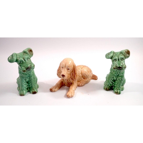 37 - Two green Sylvac dogs 1578 and a brown spaniel 114