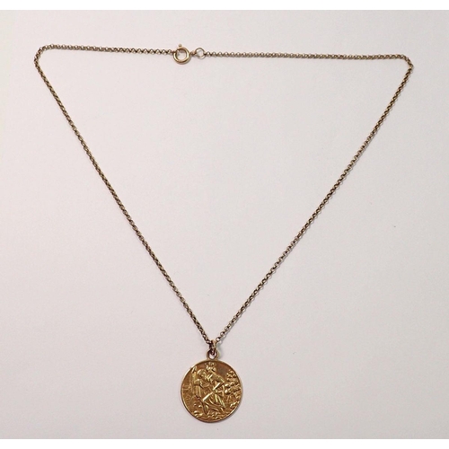 452 - A 9 carat gold St Christopher on a 9 carat gold chain, 50cm long, pendant 2.5cm diameter, 13g