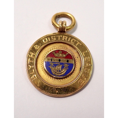 455 - A 9 carat gold and enamel Blyth and District League football medal, 1937-8, boxed