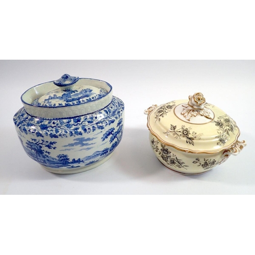 6 - An early 19th century pearlware sucrier with blue and white printed decoration and another painted s... 