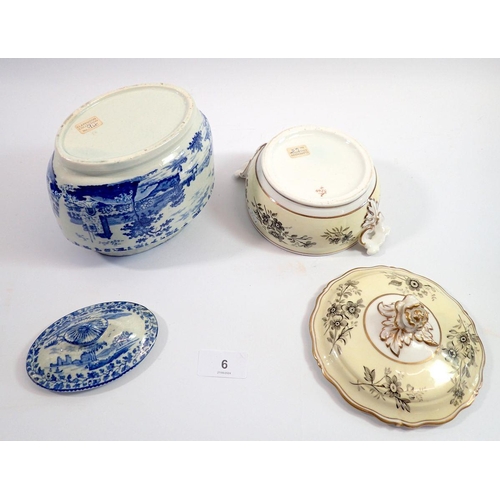 6 - An early 19th century pearlware sucrier with blue and white printed decoration and another painted s... 