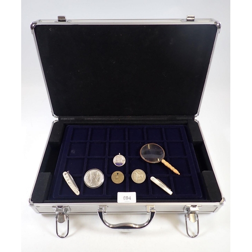 694 - Miscellaneous lot of aluminium coin case with 5 coin tiers and containing magnifying glass, 2 x pen ... 