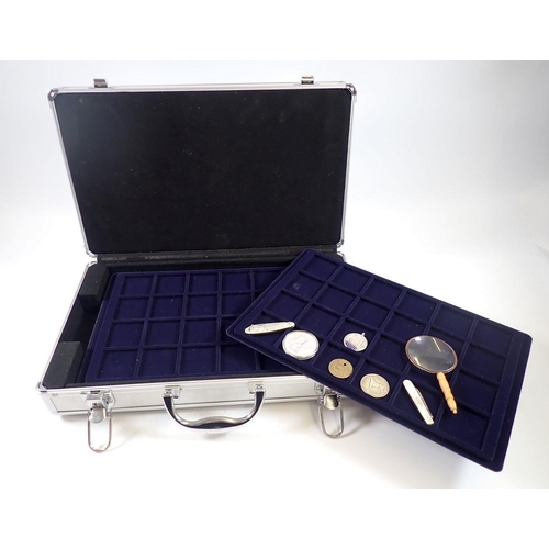 694 - Miscellaneous lot of aluminium coin case with 5 coin tiers and containing magnifying glass, 2 x pen ... 