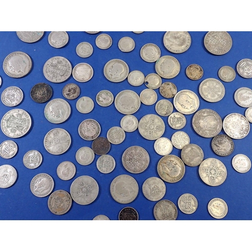 696 - Quantity of British silver content pre 1947 coins approx 245g silver content, sixpences through half... 