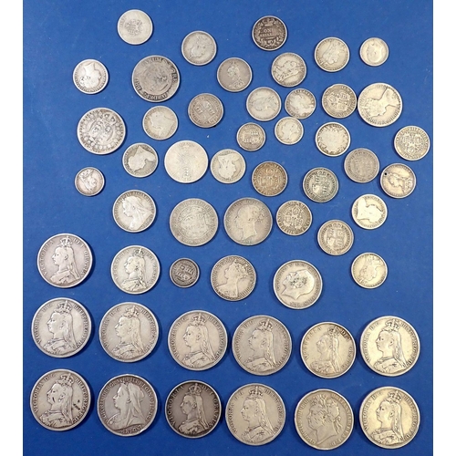 697 - Quantity of British silver pre 1920 coins approx 600g silver content, sixpences through jubilee head... 