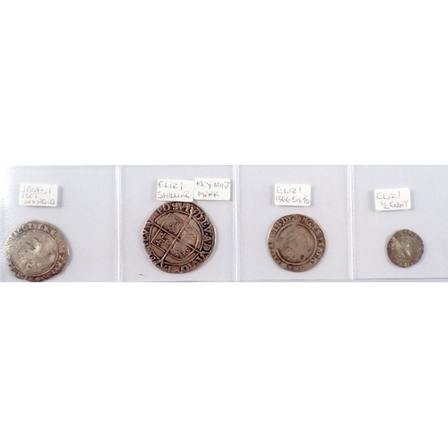 709A - Hammered British coins group including Elizabeth I shilling, expence 1566 and half groat plus a Jame... 