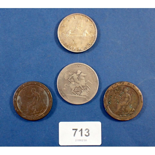 713 - A George III silver crown 1818, two cartwheel pennies 1797 and an Elizabeth II .800 silver Canadian ... 