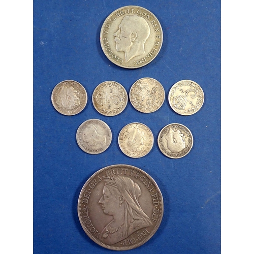 718 - Silver coins to include a Victoria crown 1893, seven pre 1920 threepences and a George V florin 1922... 