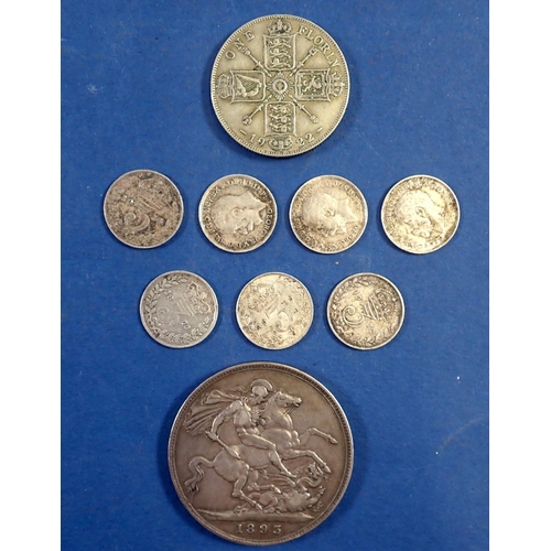 718 - Silver coins to include a Victoria crown 1893, seven pre 1920 threepences and a George V florin 1922... 