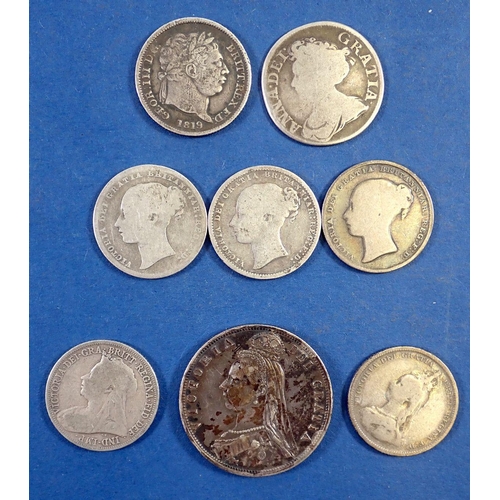 719 - Eight British silver coins including Anne shilling 1711, George III shilling 1819, 4x Victoria shill... 