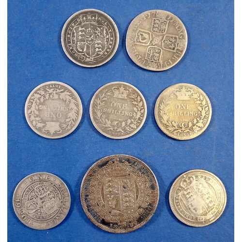 719 - Eight British silver coins including Anne shilling 1711, George III shilling 1819, 4x Victoria shill... 