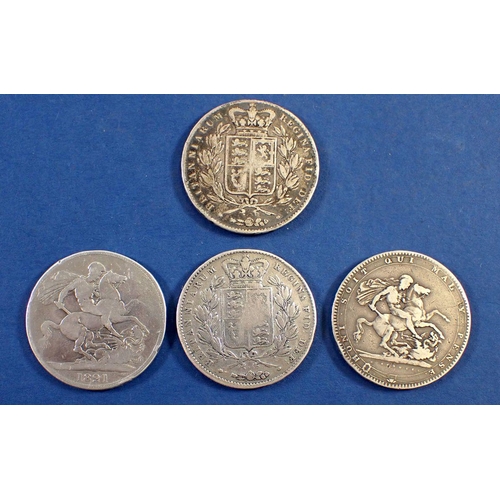 722 - Four silver crowns - George III 1818, George IV 1821, 2x Victoria bun head crowns 1844 and 1845