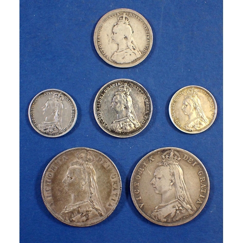 723 - A Victoria Jubilee head silver group including 2x 1889 half crowns, 2x shillings 1887 and 1888 plus ... 