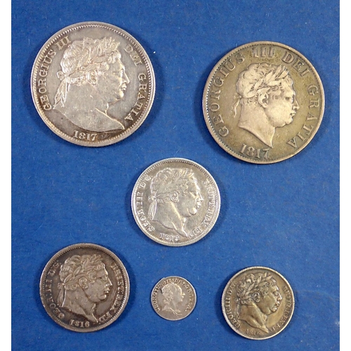 727 - George III silver coins including 1817 half crowns x2 1816 and 1819 shillings, 1816 sixpence and a 1... 