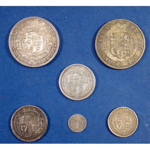 727 - George III silver coins including 1817 half crowns x2 1816 and 1819 shillings, 1816 sixpence and a 1... 