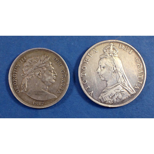 730 - A George III silver half crown 1817 and a Victoria jubilee head double florin 1887 Cond: Fine-VF