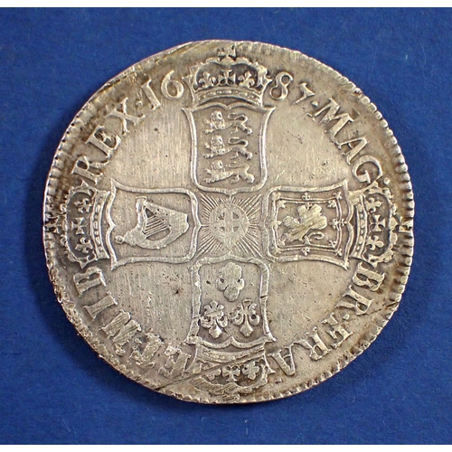 733 - A James II silver crown 1687 second bust Cond: Fair - Fine