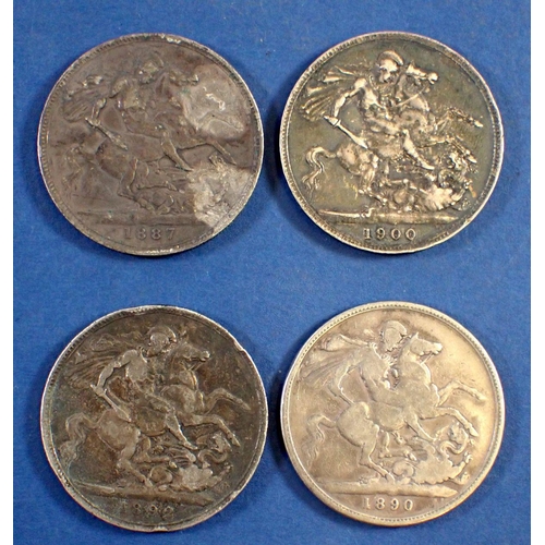 739 - Four Victoria silver crowns 1887, 1890, 1892, 1900