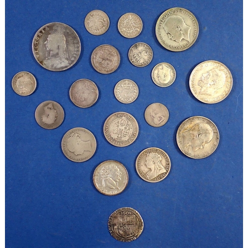 740 - A James I silver sixpence plus various British silver coins including George III shilling 1817, Vict... 