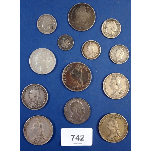 742 - A British silver group including Charles II, George III, George IV, Victoria, 160g Cond: Poor - VF