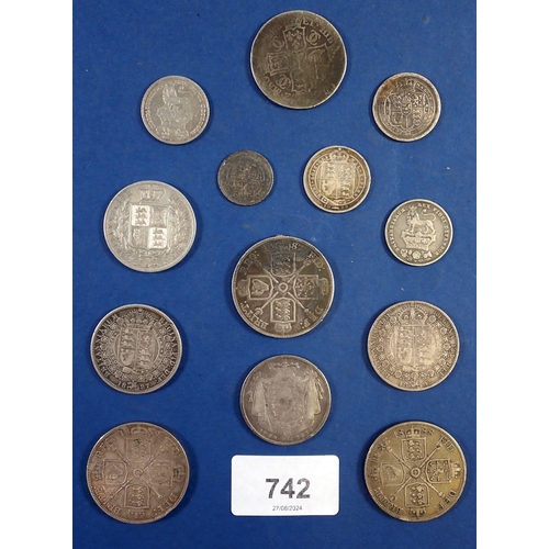 742 - A British silver group including Charles II, George III, George IV, Victoria, 160g Cond: Poor - VF